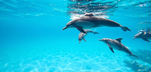 Obraz premium Dolphins frolic near a snorkeler in crystal-clear turquoise water, sunny beach in background, snorkeling, playful