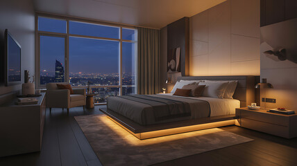 Luxurious modern bedroom with city view at night featuring ambient led lighting and comfortable king size bed