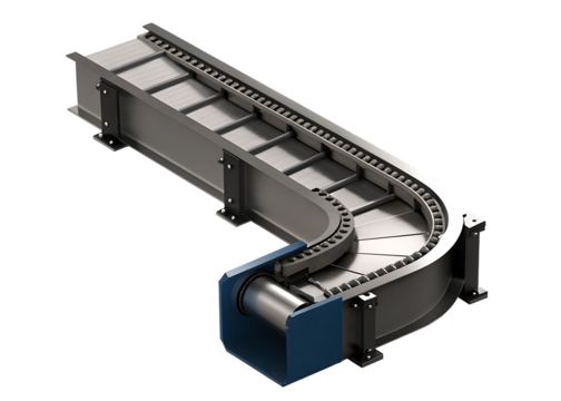 Industrial conveyor system with curved path isolated on a transparent background