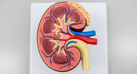 Detailed cross-section of a human kidney with digital medical data overlay.