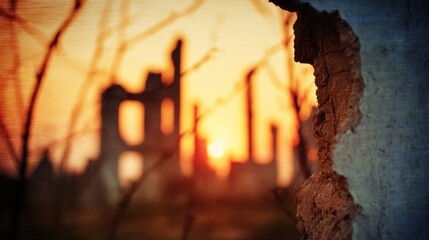 Sunset view through a cracked wall, showcasing ruins in the background with silhouettes of trees
