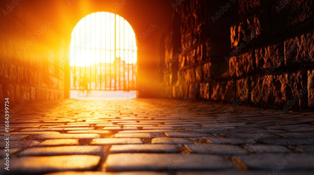 Wall mural sunlight streaming through an arched gate, illuminating a cobblestone path in a serene urban setting