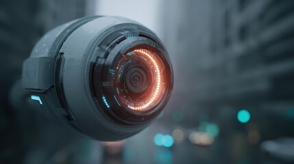 Futuristic Surveillance Camera in Rainy City