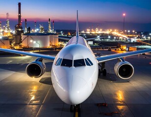 Fototapeta premium Airplane on tarmac at dusk, refinery in background