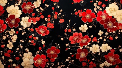 Floral Kimono Fabric Pattern on Black Background