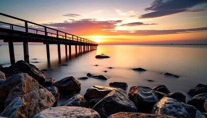 A tranquil sunrise over a calm body of water, showcasing a wooden pier extending into the hazy, colorful sky.