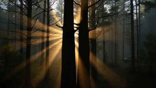 Sunlight filters through trees in a serene forest during early morning hours