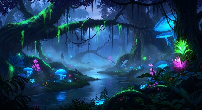 A mystical, enchanted forest at night with a glowing river and bioluminescent plants and mushrooms. - Powered by Adobe