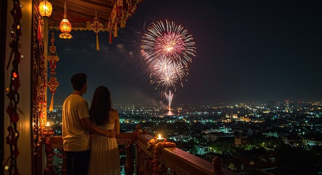 Couple Watching Fireworks Over City Lights from Balcony, Romantic Night Scene. - Powered by Adobe