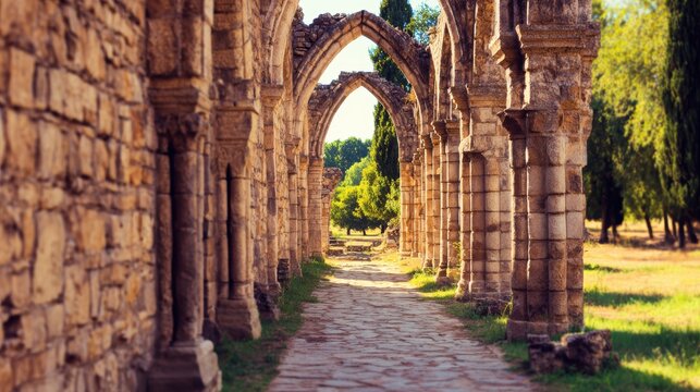 Serene pathway through ancient stone arches leading to a lush green landscape under a clear blue sky