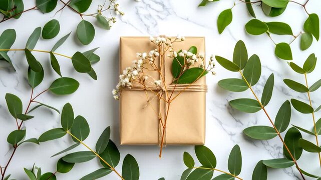 Gift wrapped in brown paper, tied with twine, on a marble background, surrounded by eucalyptus sprigs