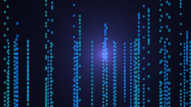 Blue Binary Code numbers with glowing Light Moving over Black Space