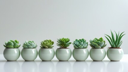 Obraz premium A row of miniature succulent plants in light sage green ceramic pots against a neutral background.