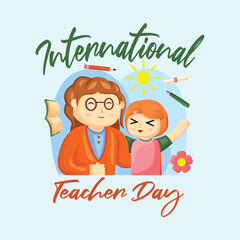Teacher Day with Bright Cute Cartoon People, Stationery Element and Background