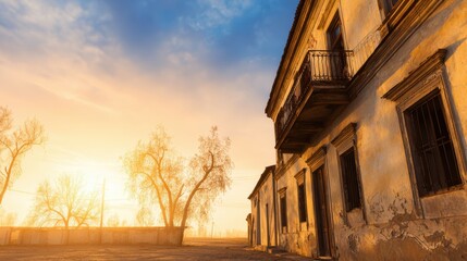 Obraz premium Sunset over an abandoned building with bare trees casting shadows on a deserted road