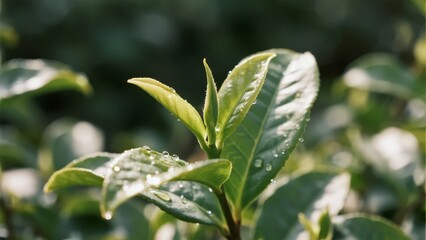 Fresh tea leaves glistening with dewdrops under sunlight