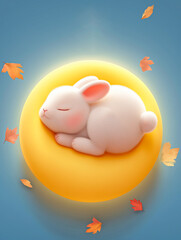 Cute White Rabbit Sleeping on Full Moon 3D Illustration Mid Autumn Festival