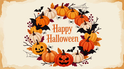 Festive Halloween Wreath with Pumpkins, Bats, Spiders, and Leaves on Vintage Paper Background – Happy Halloween Greeting Card