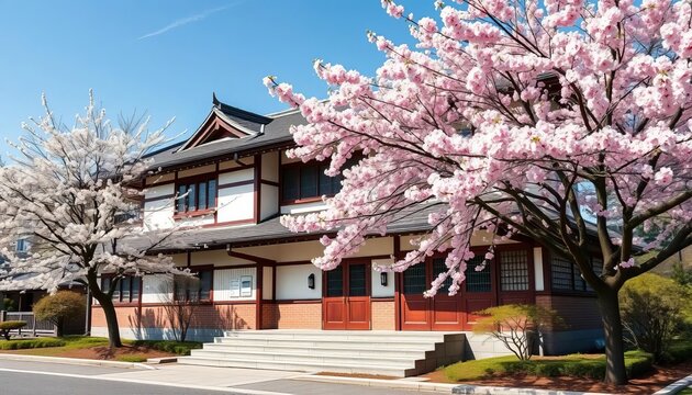 Classic Japanese school building exterior, cherry blossoms in bloom, aesthetic, style