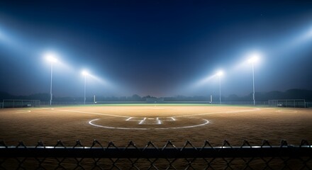 Empty Baseball Field at Night Under Bright Stadium Lights.
