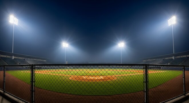 Empty Baseball Field Illuminated by Bright Stadium Lights at Night 3.