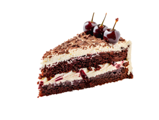 slice of black forest cake with cream chocolate and cherries isolated on transparent