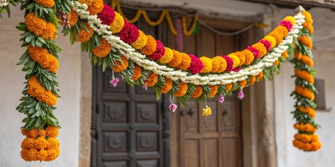 Vibrant floral archway decorating a traditional indian entrance