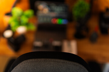 Modern desk setup background featuring computer, plants, and cozy warm lighting. Perfect for creative workspace, home office, desktour inspiration, and technology-themed projects.