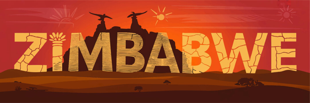 Zimbabwe Illustration with Bold Text, African Landscape and Sunset, Iconic Balancing Rocks, Vibrant Warm Colors, Travel Poster Art