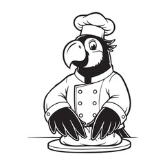 Vector art of a charming parrot chef,diligently prepares a culinary masterpiece with his skilled hands, showcasing his passion for cooking
