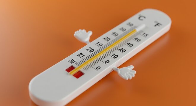 Thermometer with cartoon arms and legs displaying 21 degrees Celsius