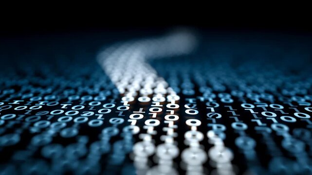 A digital pattern of binary code in a dark environment.