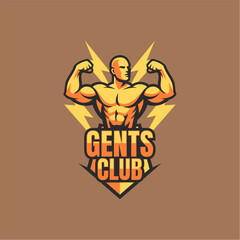 Gents Club fitness logo with muscular man flexing arms. Brand identity for fitness, bodybuilding and gym business.