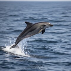 Naklejka premium Dolphin leaping from the ocean water with splashes.