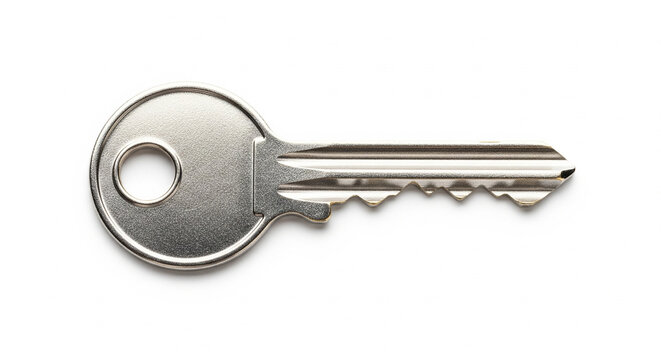 Single shiny silver metal key representing security, access, and solutions, isolated on a transparent background.