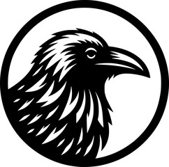 Obraz premium Minimalist black and white vector icon of a crow with clean lines, modern style, isolated on white background.