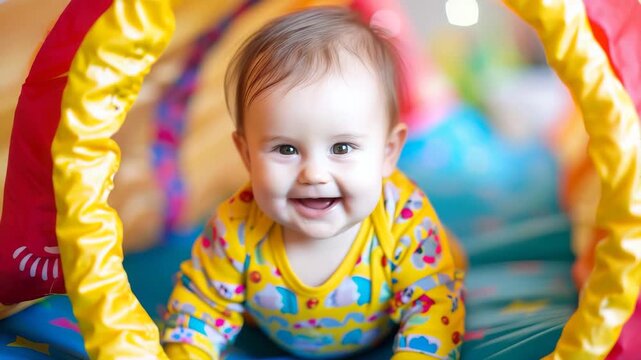 baby crawling through colorful play tunnel 