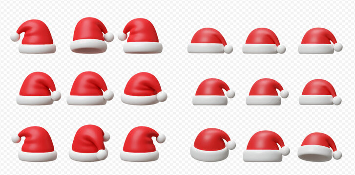 A collection of eighteen festive 3D rendered Santa Claus hats with red fabric and white trim, presented on a transparent background.