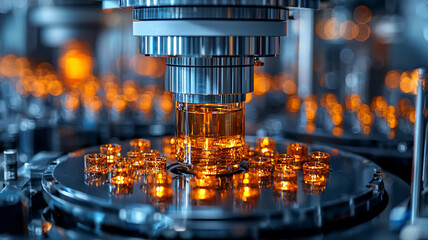 Automated Pharmaceutical Capsule Filling: Precision Machinery and Illuminated Amber Vials