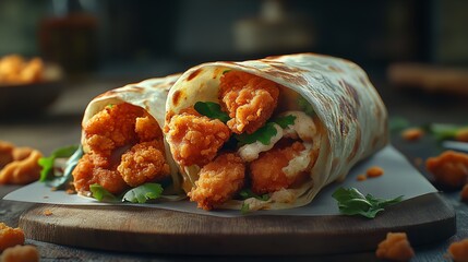 A delicious wrap filled with grilled chicken, vegetables, and herbs, served on a wooden plate.