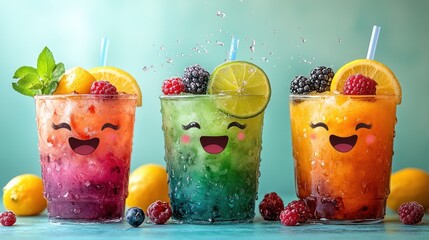 Three colorful, icy drinks with kawaii faces, adorned with fresh fruit and splashing water