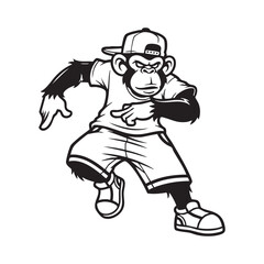 Vector art of a cool monkey with a cap and stylish clothes is dancing, showcasing its unique style and playful nature in a fun cartoon illustration