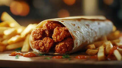 A delicious wrap filled with grilled chicken, vegetables, and herbs, served on a wooden plate.