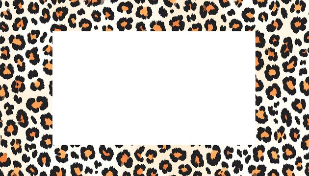 A rectangular frame of white space is set against a repeating leopard print pattern with cream, brown, and orange tones.
