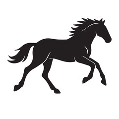 Minimalist vector silhouette of a horse running, styled entirely in black and white with thick black outlines, perfect for modern design and illustration.