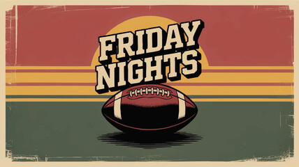 Retro Friday Nights American Football Poster, Vintage Sunset Background, Grunge Texture, High School Sports Concept Art