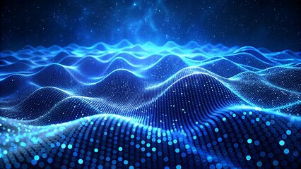 Abstract blue digital landscape with glowing particles