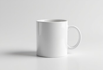Fototapeta premium A plain, white ceramic mug stands on a reflective surface, showcasing its smooth, glossy finish and simple design.