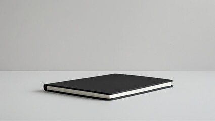 A black leather-bound notebook rests on a plain white surface against a neutral gray backdrop.
