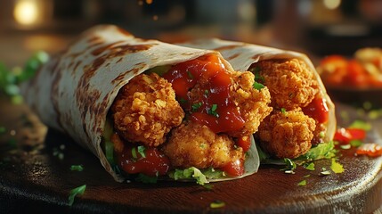 A delicious wrap filled with grilled chicken, vegetables, and herbs, served on a wooden plate.